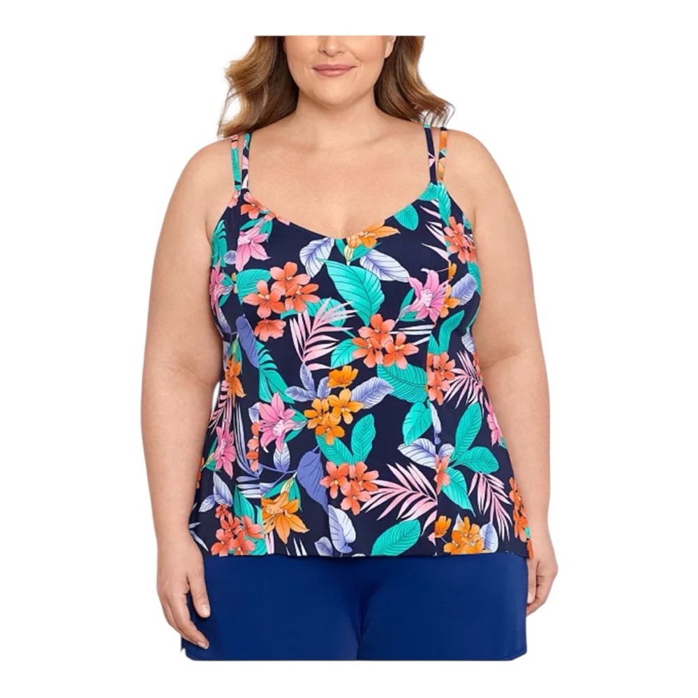 New Swim Solutions Plus Size Printed Double-Strap Princess Tankini Top Size 16W